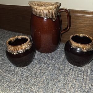 Vintage Hull USA Pottery Pitcher And 2 Bean Crocks